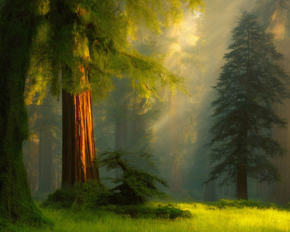 Sunlit misty forest at sunrise with vibrant green undergrowth.