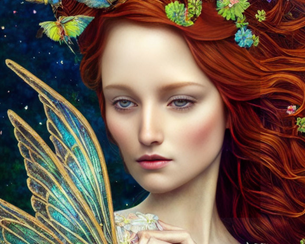 Vibrant red hair woman with flowers, butterflies, and fairy wing