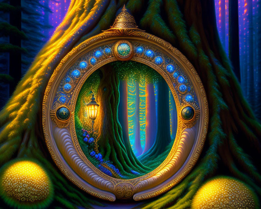 Enchanting forest scene with glowing oval-shaped doorway and luminous mushroom structures