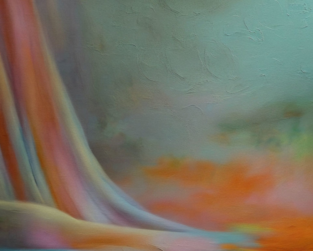 Abstract oil painting with pastel green, orange, and pink strokes for a serene ambiance