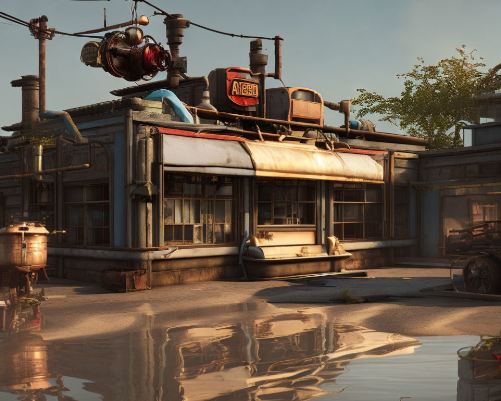 Weathered façade of old rustic diner reflected in sunlit street puddle with retro technology and vintage