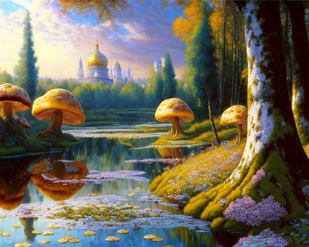 Fantastical landscape with oversized mushrooms, river, cathedral, and autumnal trees