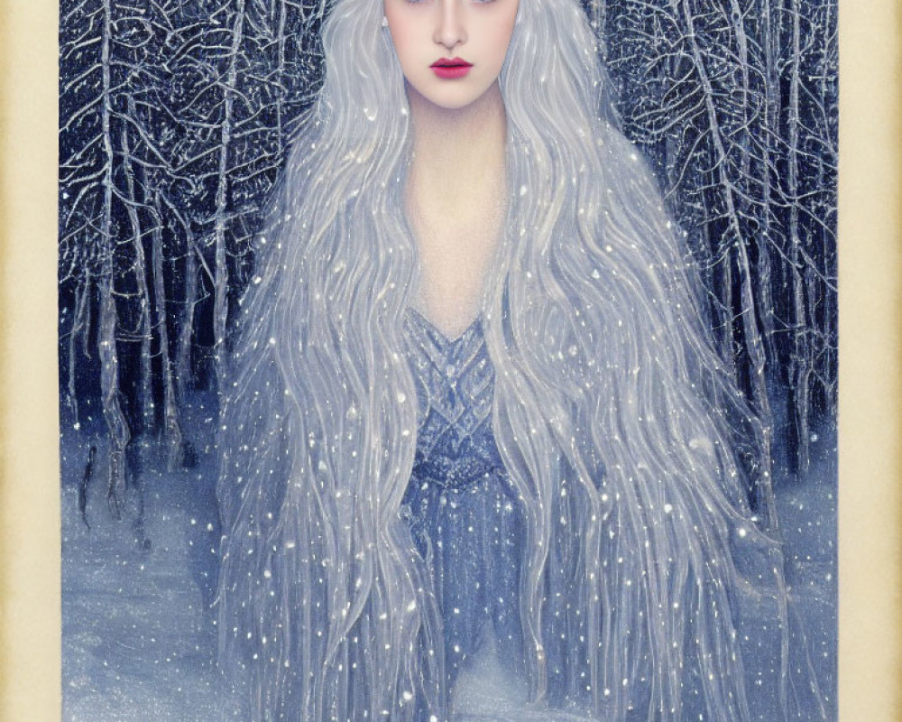 Ethereal being with silver hair in snowy forest wearing icy-blue gown