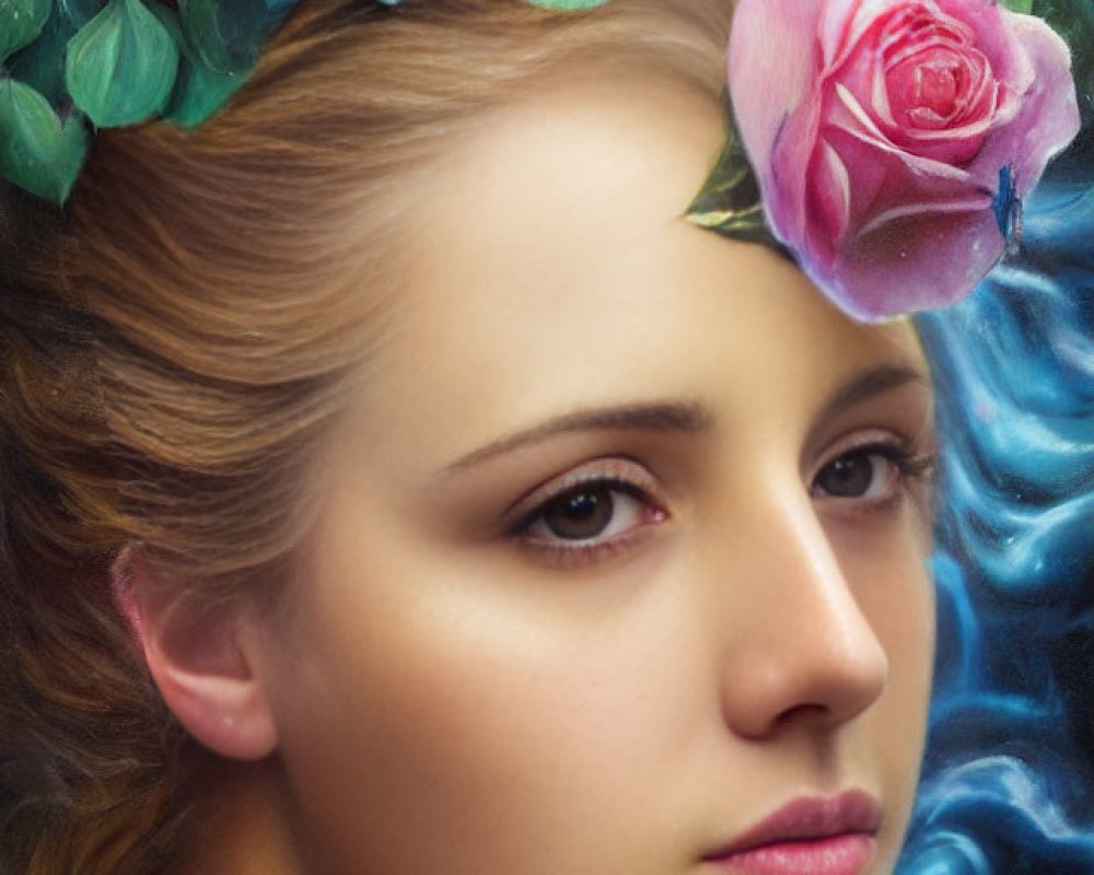 Woman with long wavy hair and pink roses on blue backdrop