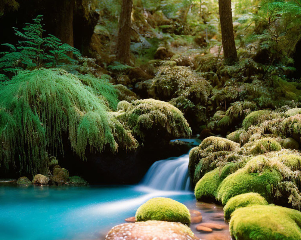 Tranquil forest landscape with mossy rocks and waterfall