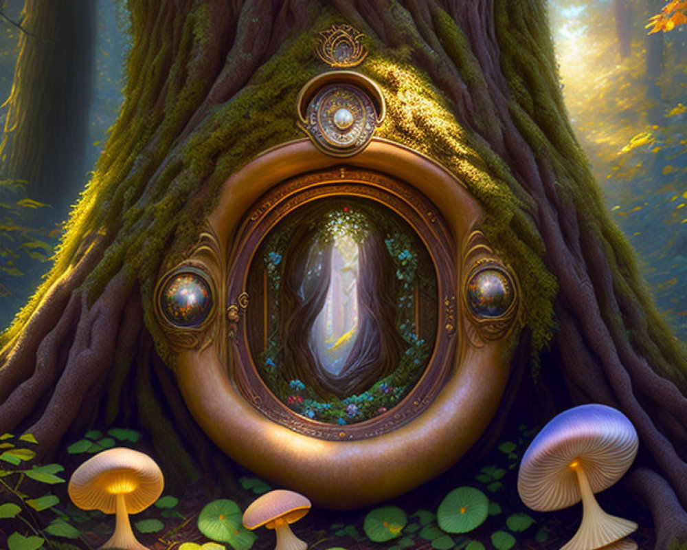 Enchanted forest with mystical tree, ornate door, and glowing mushrooms