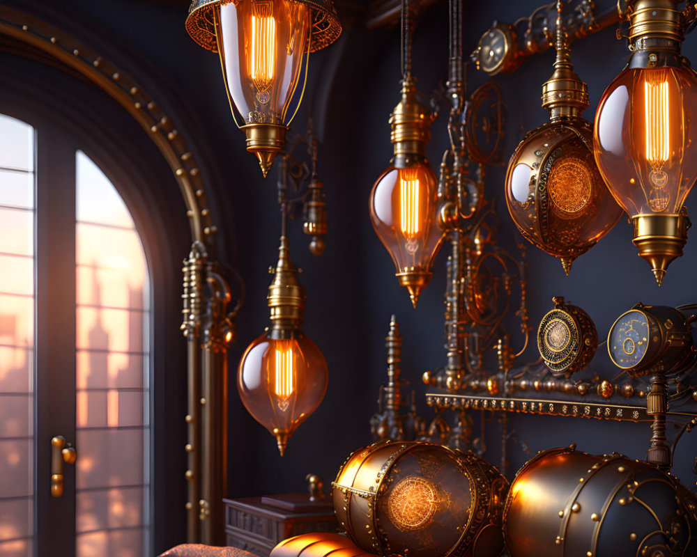 Steampunk-themed interior with bronze lamps, gears, and sunlight.