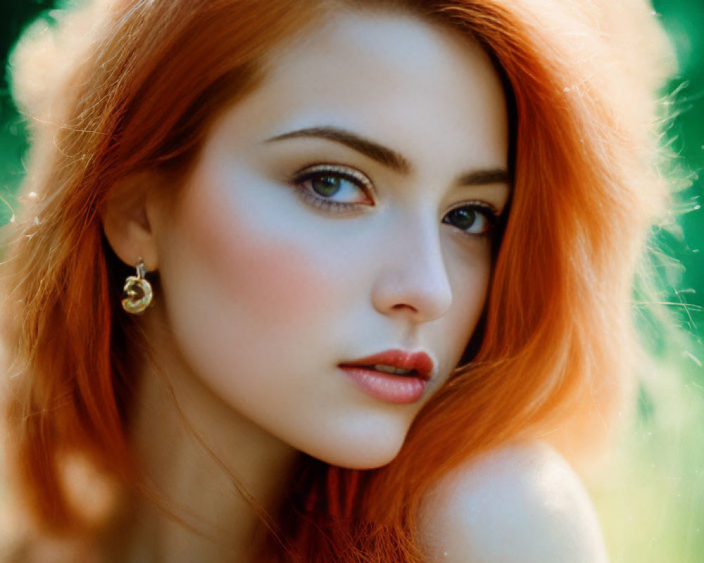 Fiery red-haired woman with blue eyes and earrings on soft green background