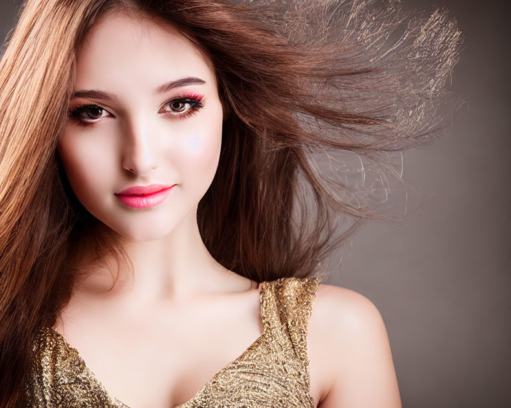 Woman with flowing hair and sparkling makeup in glittery gold top on muted background