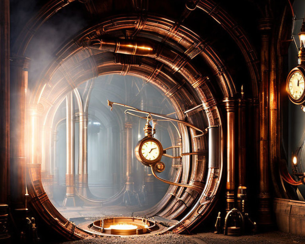 Steampunk-themed room with brass pipes, circular doorways, vintage clocks, and warm ambient glow