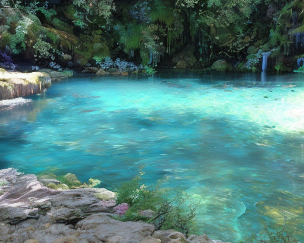 Tranquil Turquoise Natural Pool with Waterfall in Forest Setting