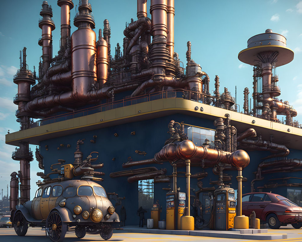 Steampunk-themed gas station with vintage cars and industrial backdrop.