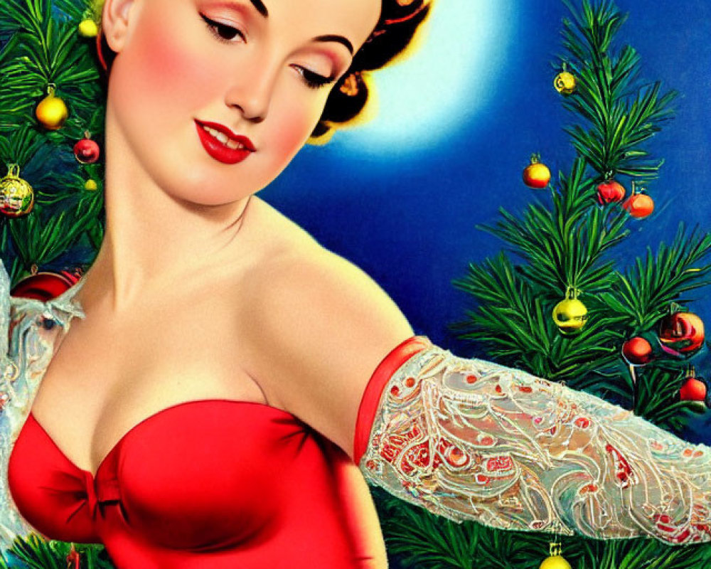 Classic Holiday Scene: Woman in Red Dress with Christmas Decorations