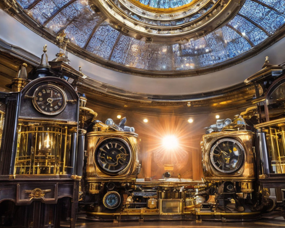 Elegant room with glass-domed ceiling and antique clocks under warm light