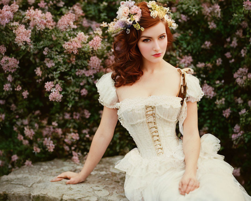 Vintage White Dress and Floral Headpiece Woman Poses by Stone Ledge