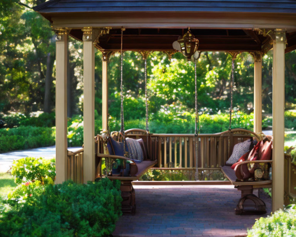 Tranquil garden gazebo with hanging lantern and lush greenery