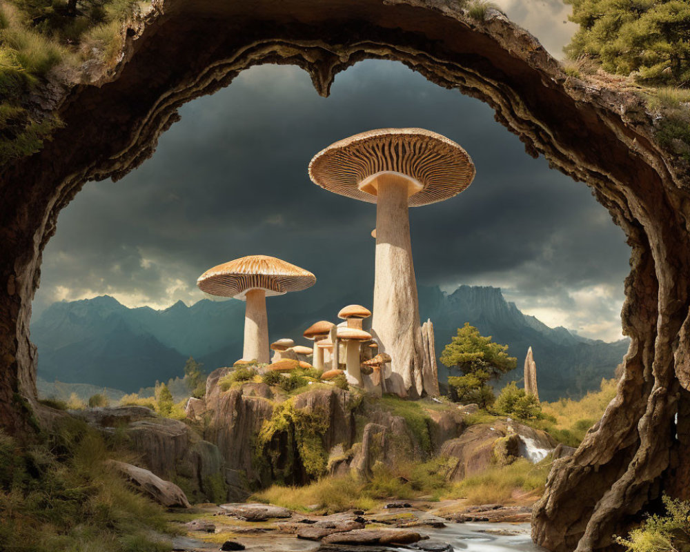 Fantasy landscape with oversized mushrooms, rock arch, waterfall, trees, and mountains in warm sunlight