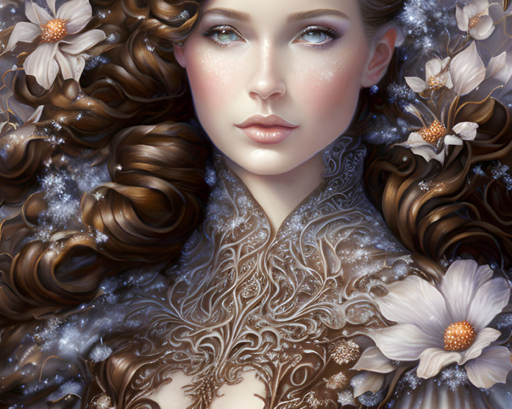 Digital Artwork: Woman with Floral Patterns and Lace Design