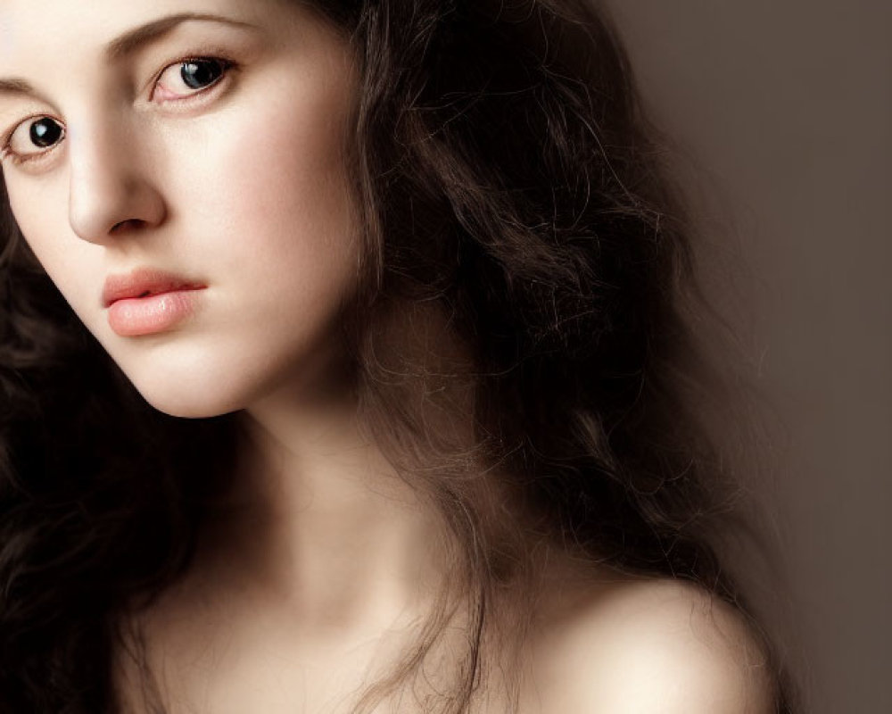 Portrait of Woman with Curly Hair and Serious Expression