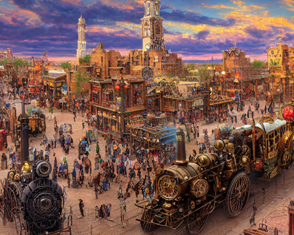 Steampunk-themed marketplace with steam locomotives, cobblestone streets, eclectic buildings, and