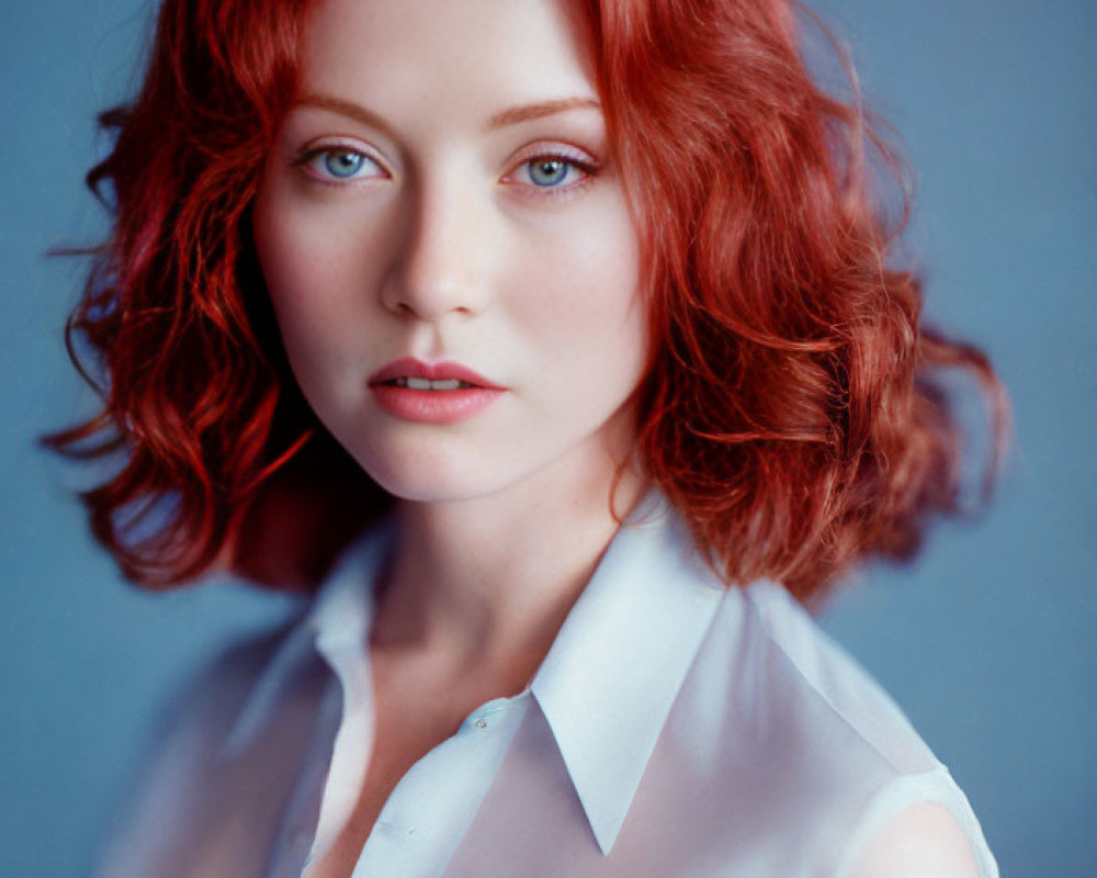 Red-haired woman in white blouse on blue backdrop