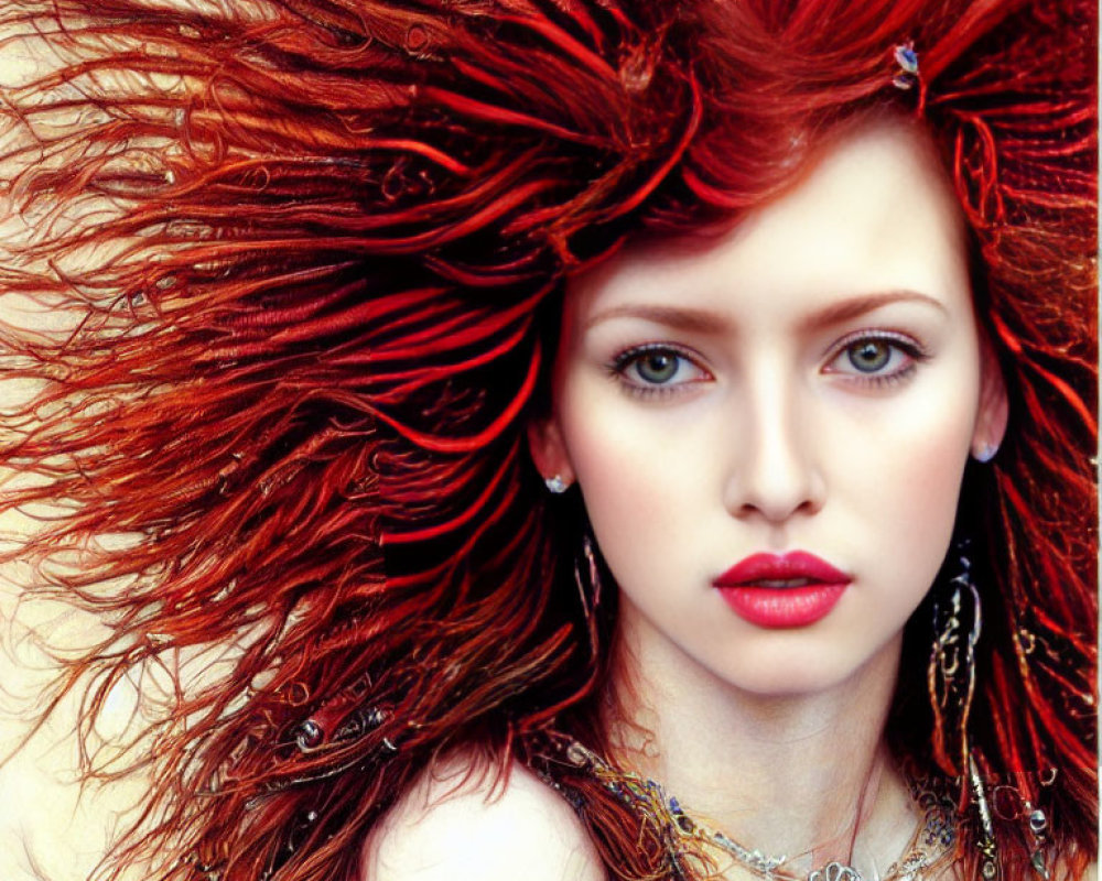 Close-up of woman with vibrant red hair, pale skin, green eyes, and shimmering jewelry