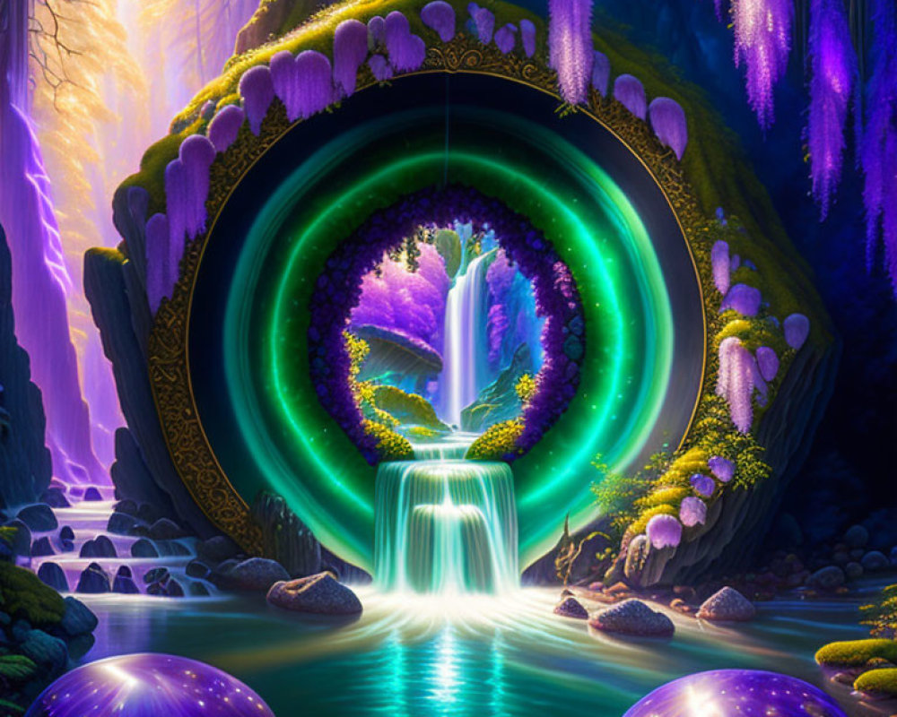 Mystical forest scene with glowing portal and vibrant purple flora