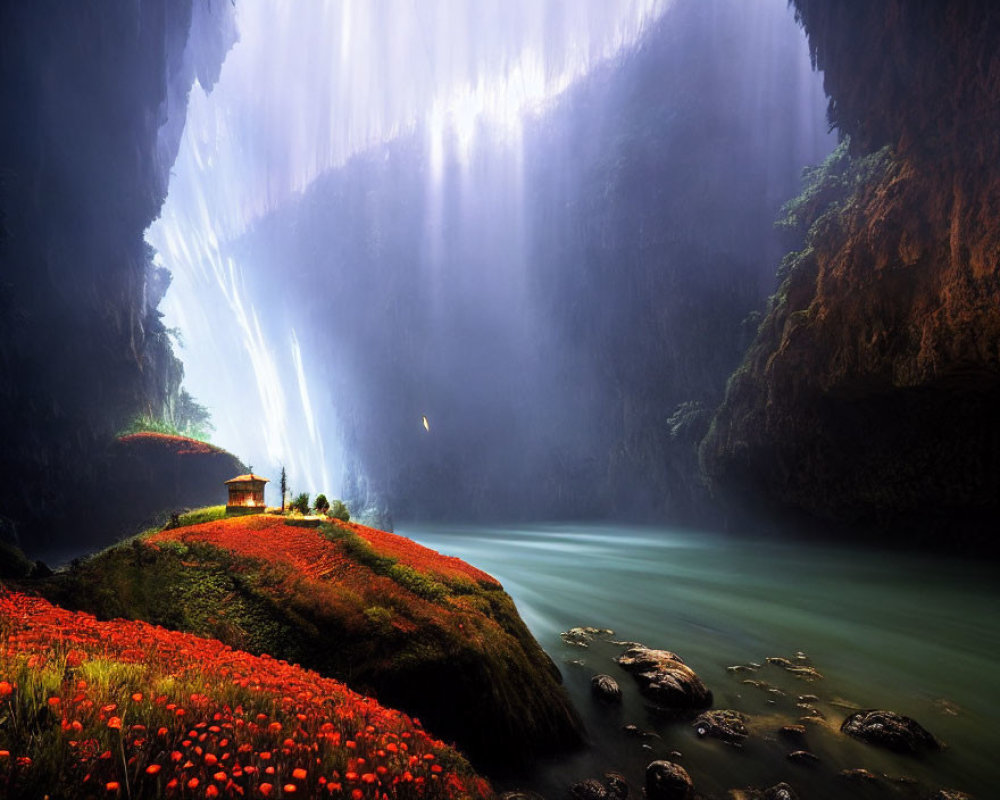 Tranquil cave scene with hut, red flowers, sunlight, and river