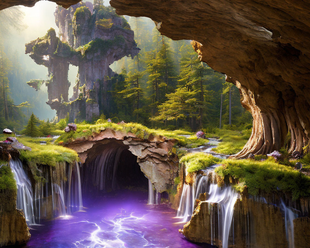 Fantastical landscape with glowing cave, rock bridge, waterfalls, and towering rock formation in lush