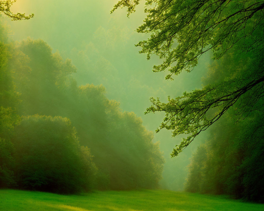 Lush forest with sunlight on serene grassy clearing