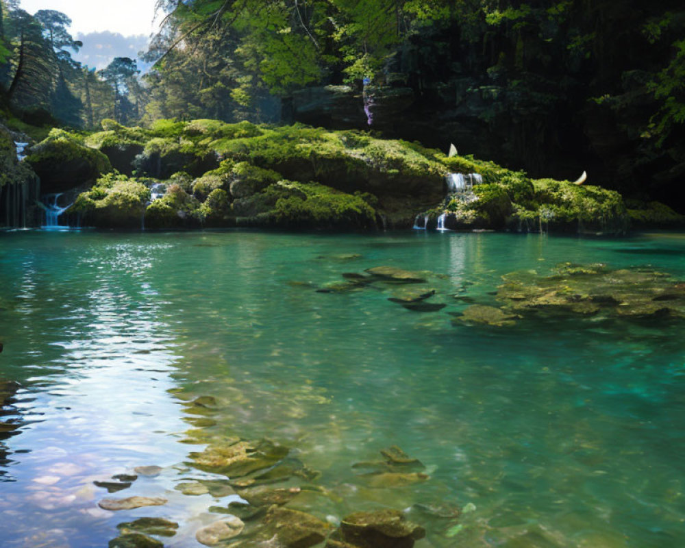 Serene Forest Pond with Turquoise Water and Waterfall