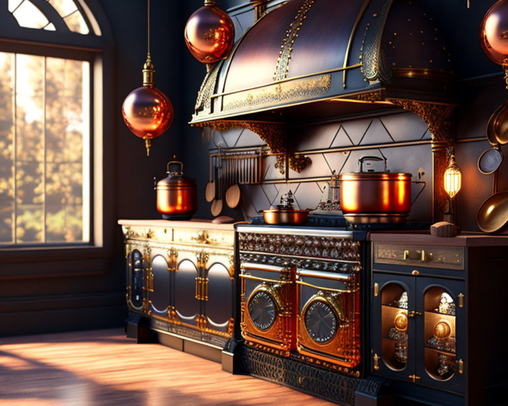 Vintage Kitchen with Classic Stove & Copper Pots