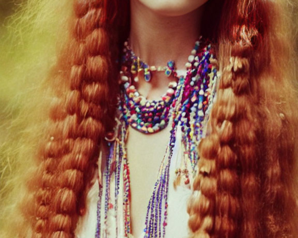 Red-haired woman with braids and layered necklaces in nature scene