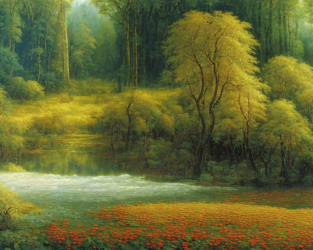 Tranquil forest landscape with green trees, golden tree, and red water lilies