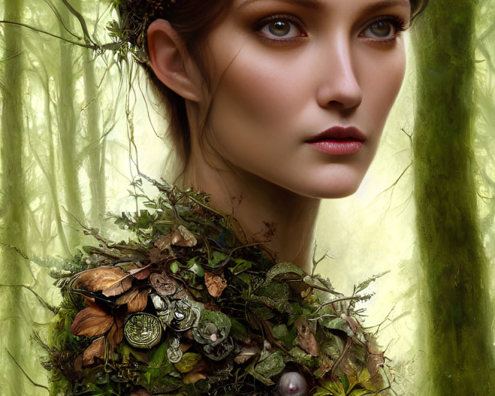 Portrait of woman with forest crown & nature-inspired garment in misty woodland.