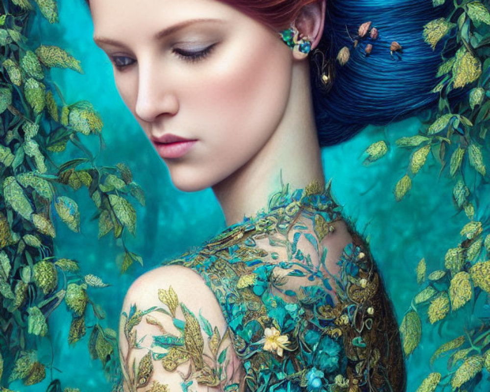 Red-haired woman with blue streak, closed eyes, floral tattoos, green backdrop & hanging leaves.