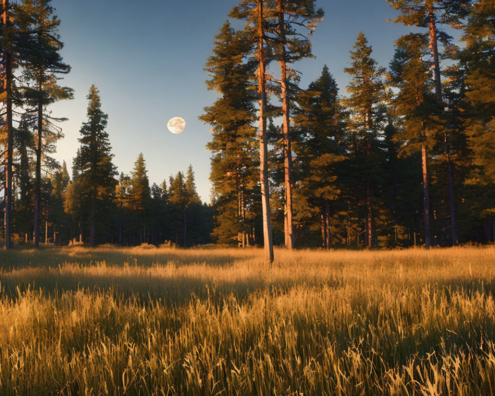 Tranquil forest landscape at dusk with tall trees and golden grass