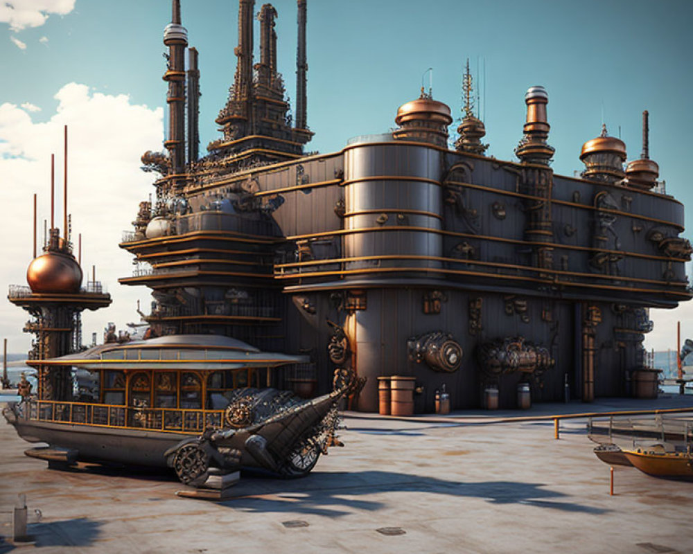 Detailed Steampunk-Style Building with Industrial Pipes and Retro-Futuristic Vehicles