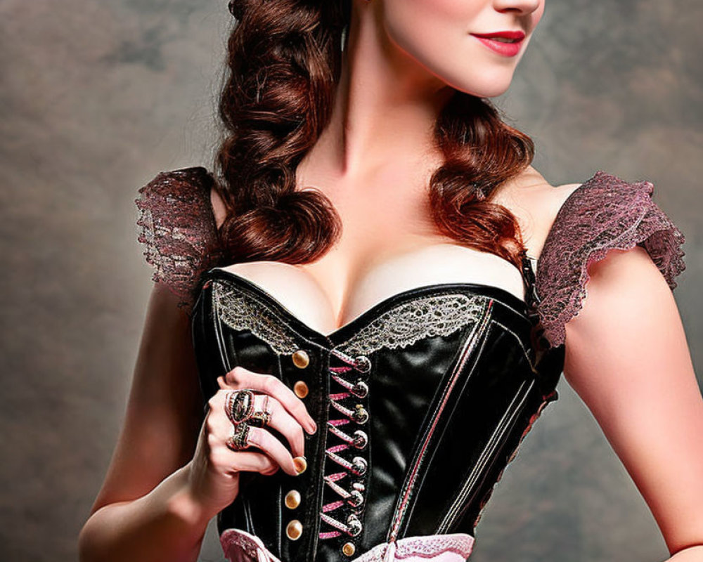 Vintage-inspired woman in corset and styled hair against textured backdrop