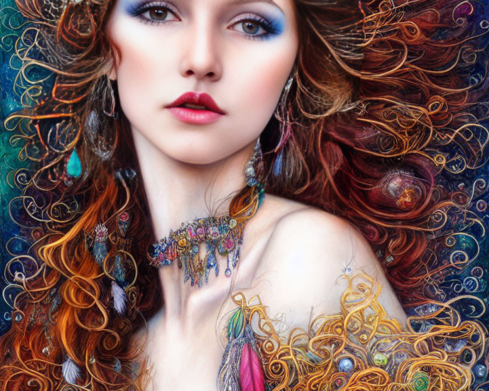 Vibrant Red Hair Woman with Cosmic Body Art