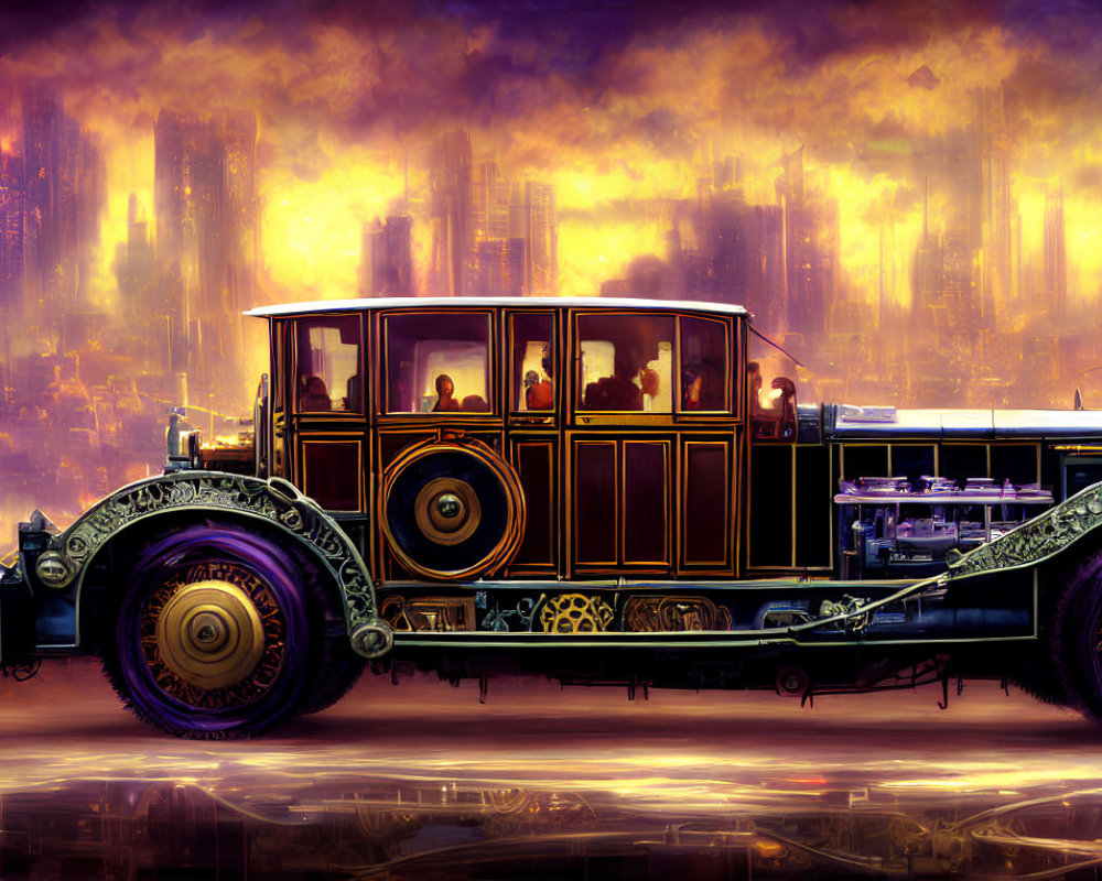 Intricate retro-futuristic vehicle against glowing industrial cityscape