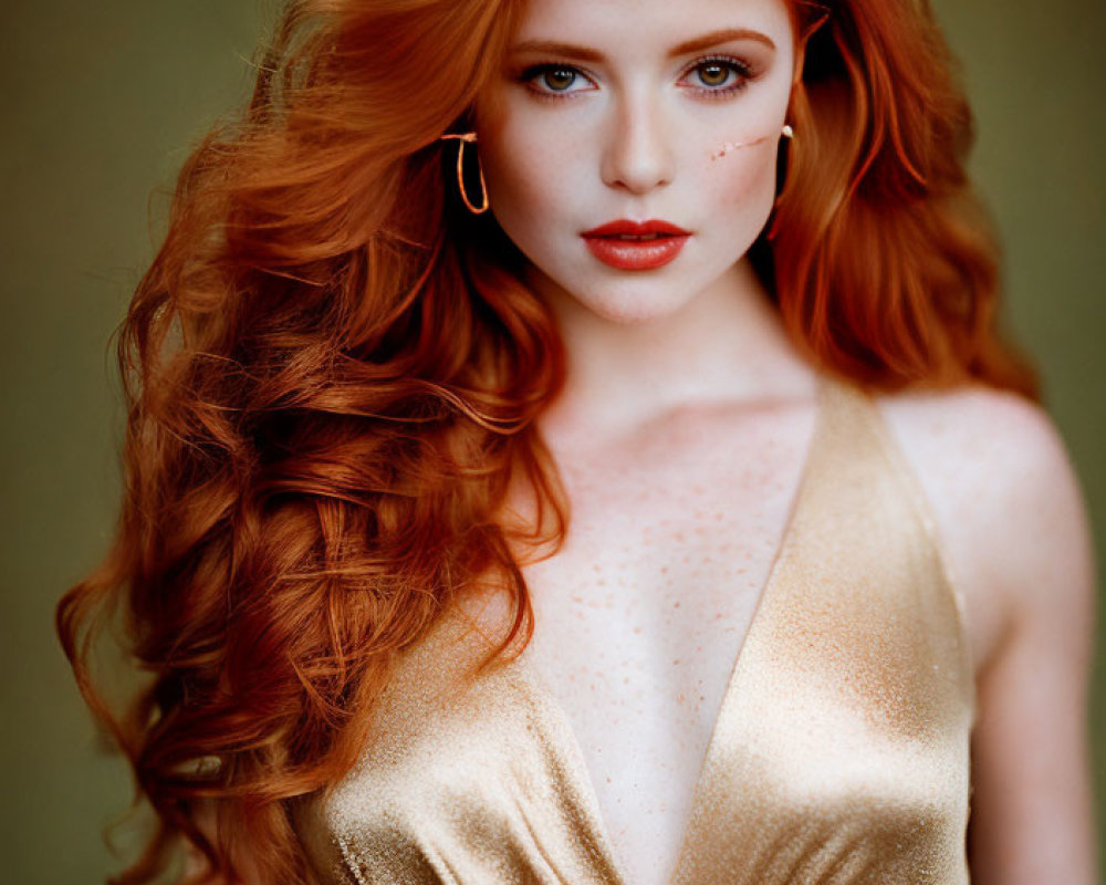 Red-haired woman in gold top with freckles and hoop earrings on blurred background