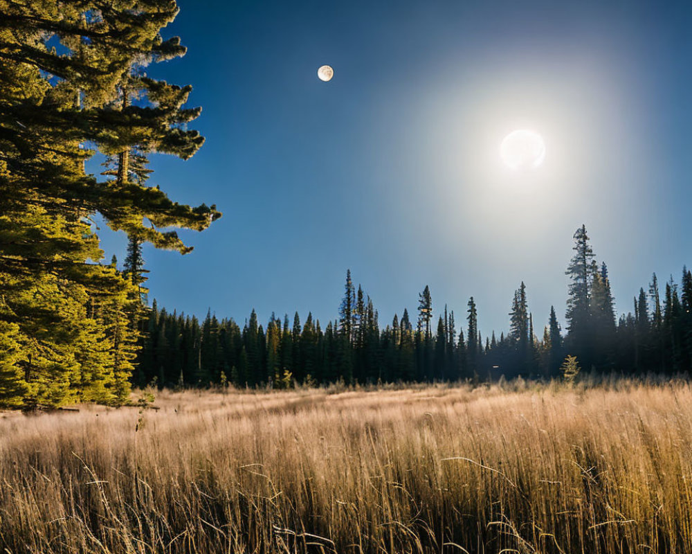 Sunlit Meadow with Tall Grasses, Coniferous Forest, Moon and Sun in Clear Blue Sky