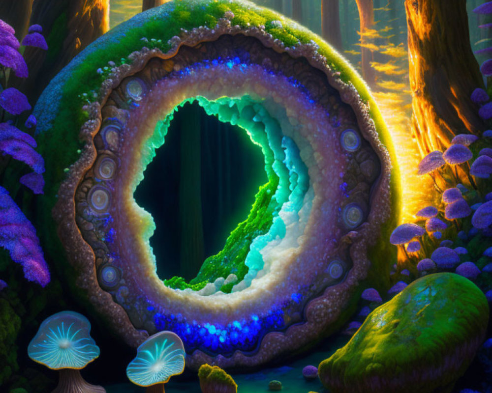 Enchanting forest scene with glowing hollow and luminescent mushrooms