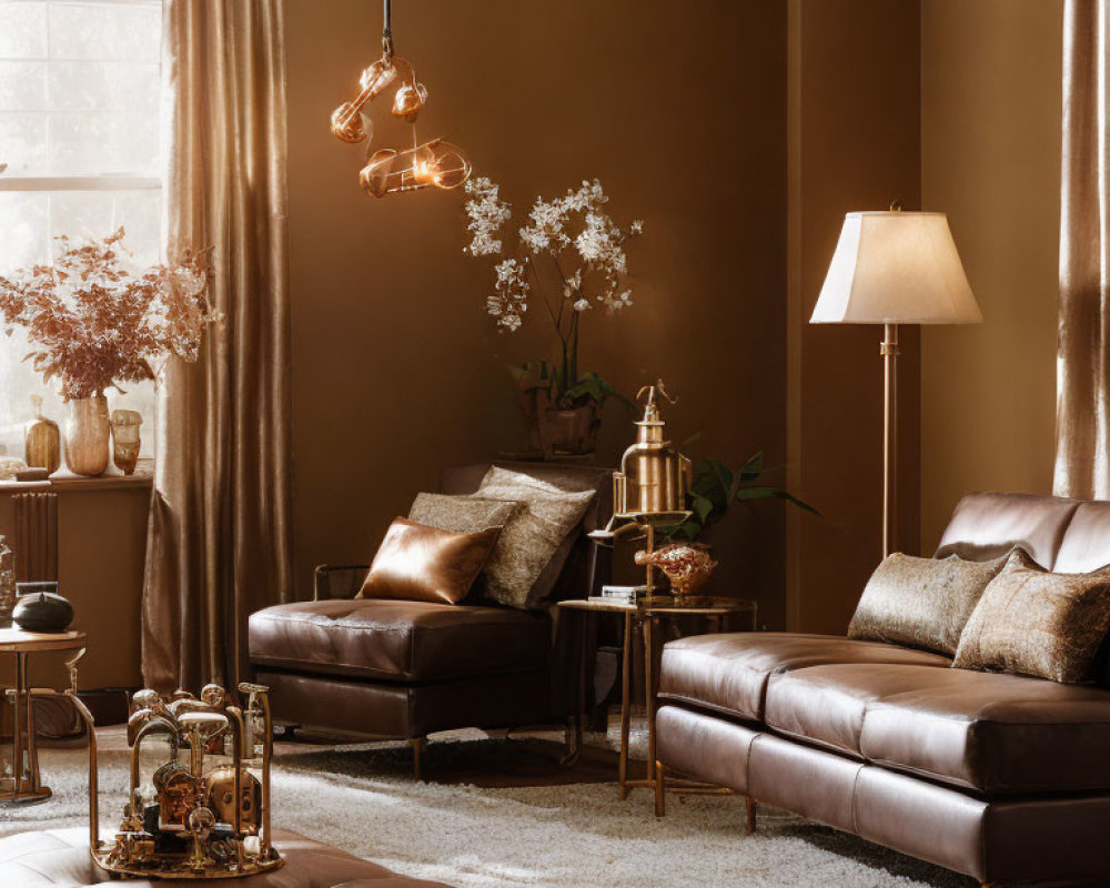 Sophisticated Living Room with Brown Leather Sofas & Golden Decor