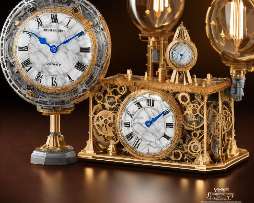 Steampunk-inspired desk clock with cogwheel mechanisms and ornate metallic detailing