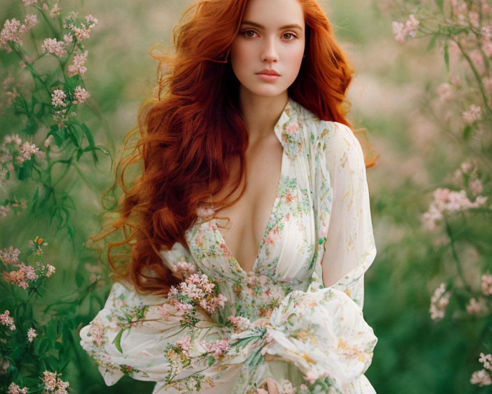 Red-haired woman in floral dress among blooming wildflowers