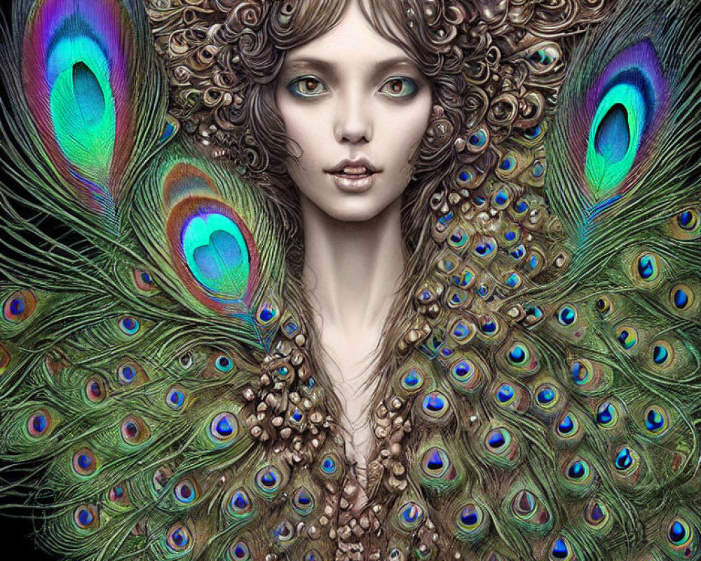 Portrait of woman with peacock feather-inspired hair and fan.