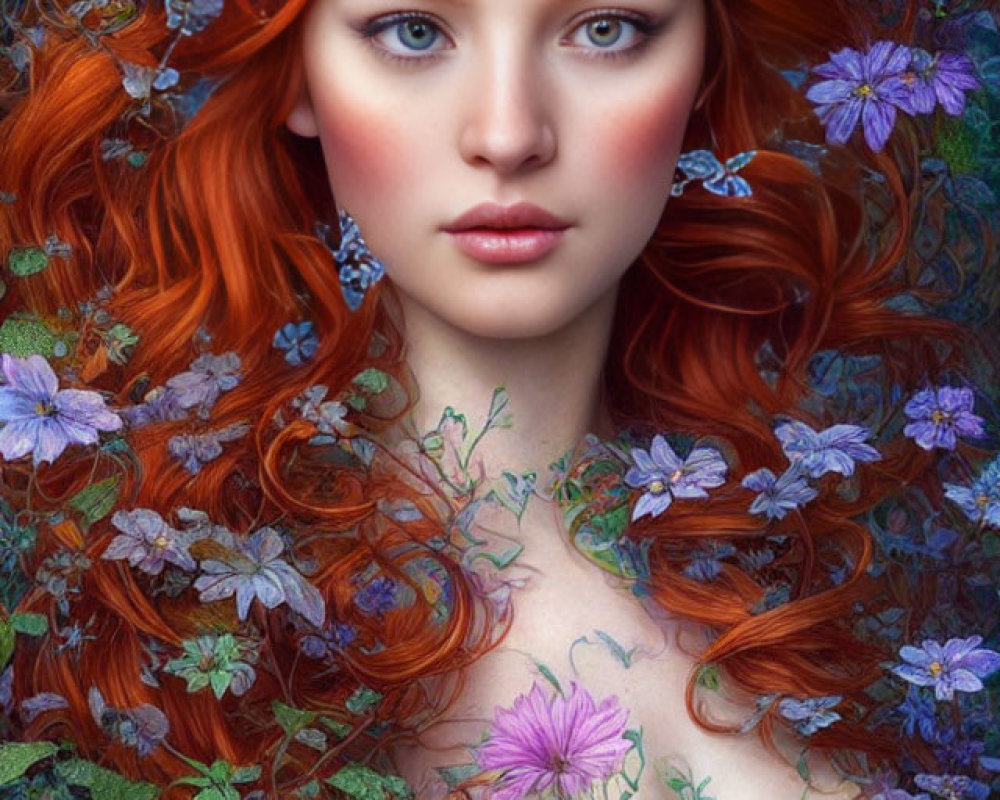 Vibrant red hair woman with colorful flower adornments in fantasy setting