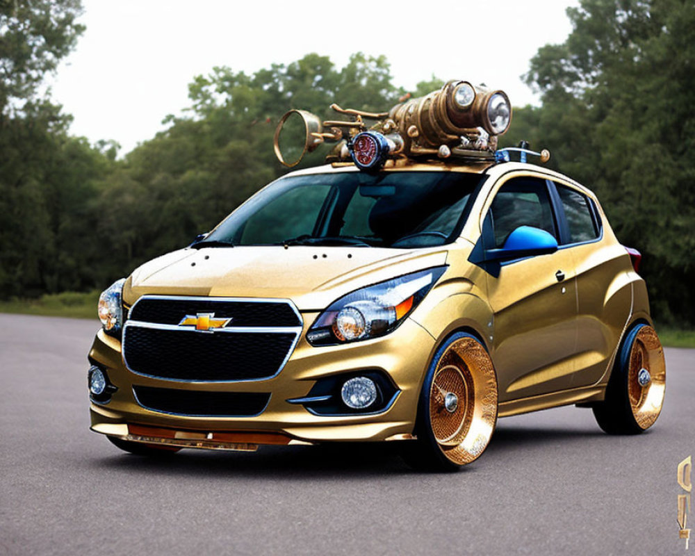 Golden Chevrolet with Oversized Wheels & Steampunk Roof Contraption